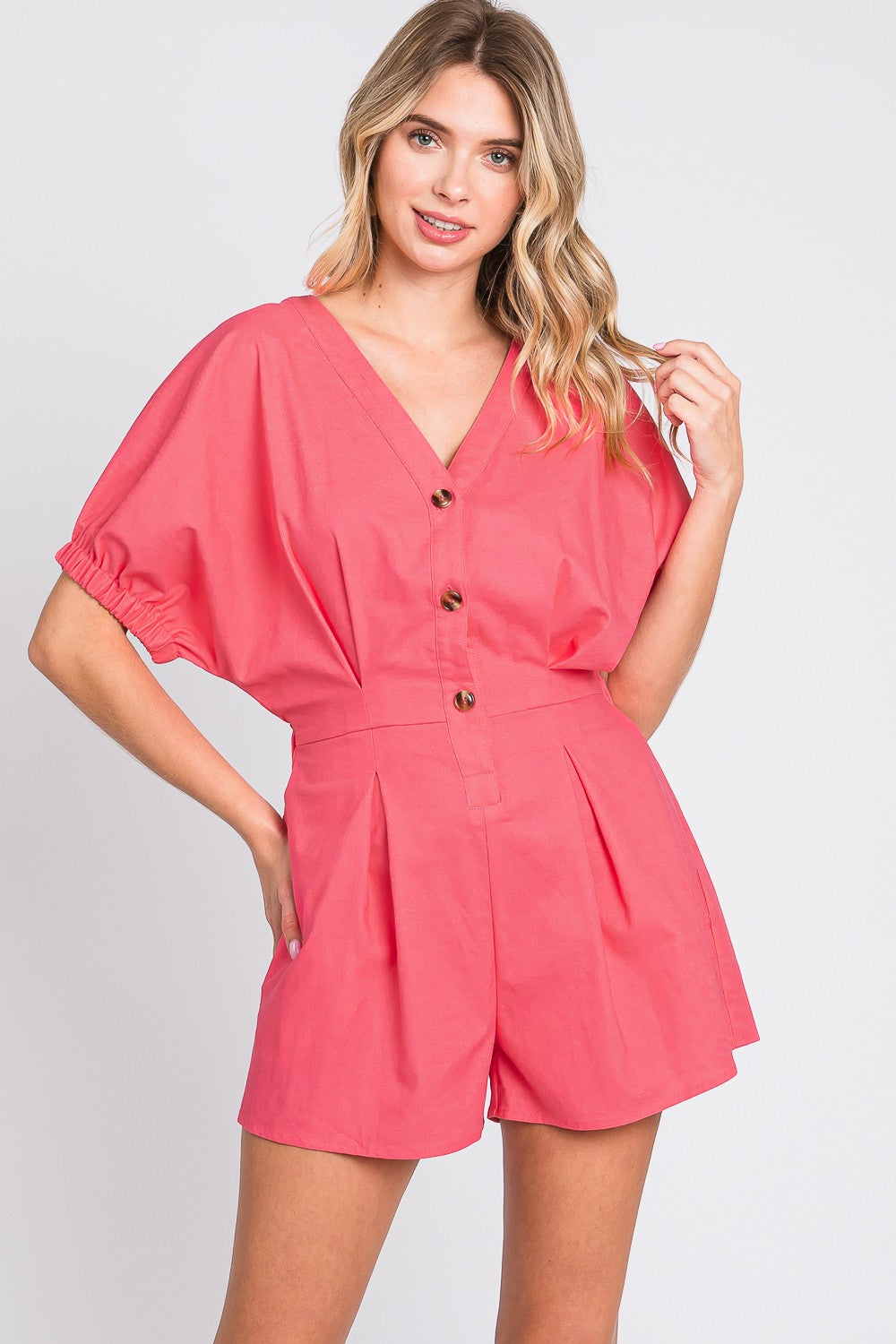 GeeGee Half Button V-Neck Linen Romper 