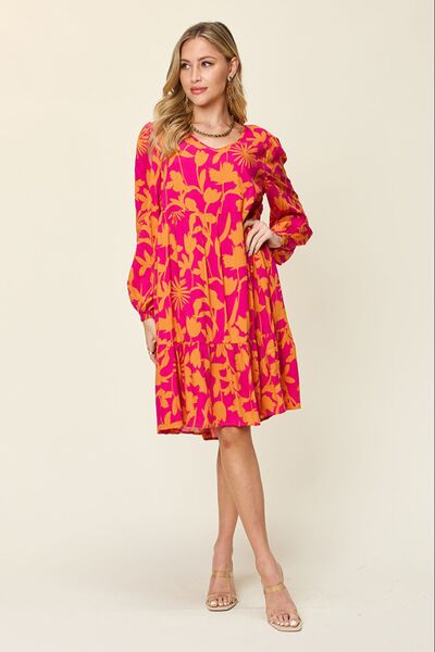 Double Take Full Size Printed Ruffle Hem Dress with Pocket 