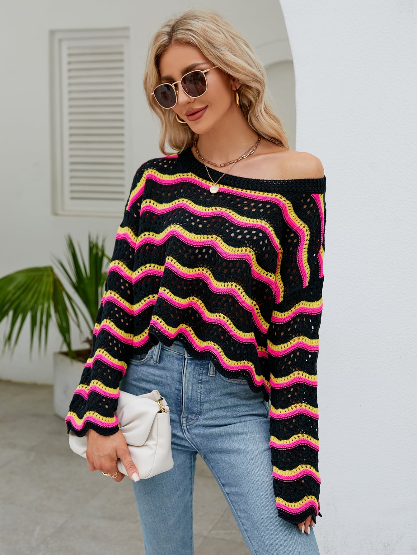 Round Neck Openwork Flare Sleeve Knit Top 
