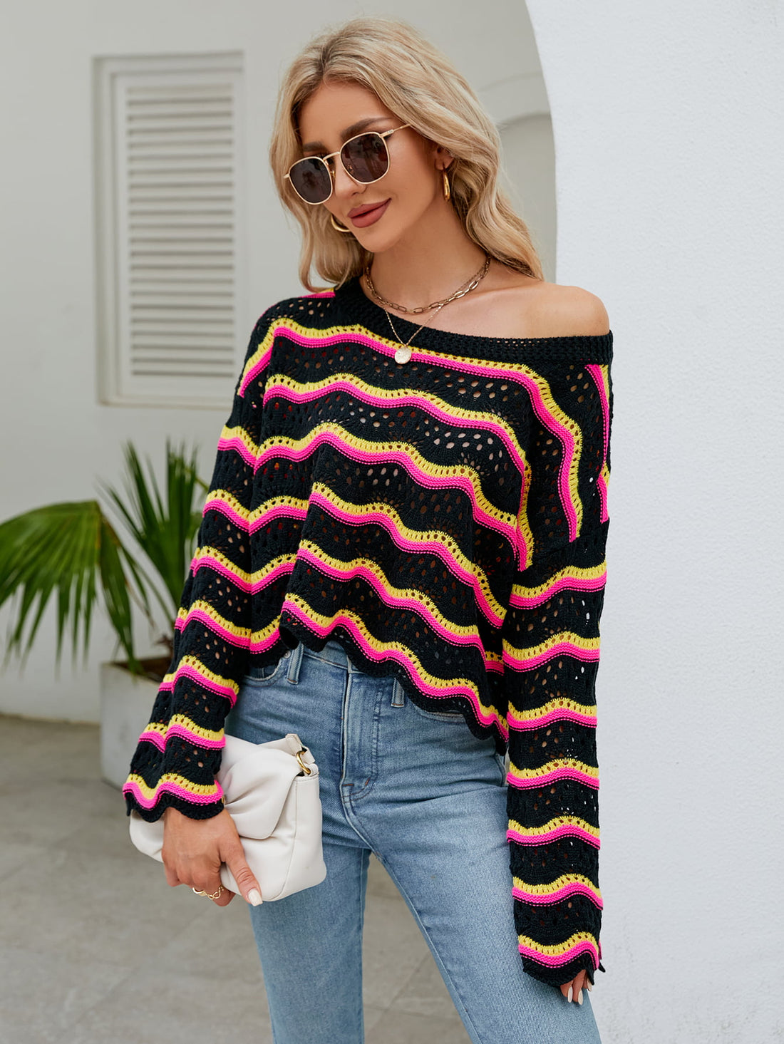 Round Neck Openwork Flare Sleeve Knit Top 