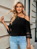 Asymmetrical Neck Sheer Striped Flare Sleeve Blouse 
