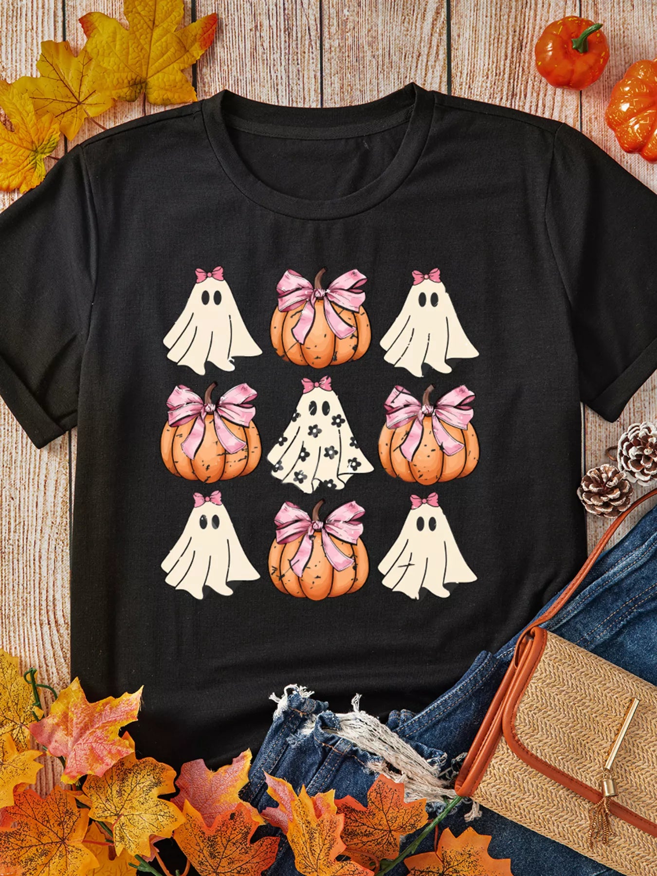 Halloween Bowknot Ghost Pumpkin Graphic T Shirt 