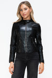 Snobbish Faux Leather Zip Up Drawstring Hooded Jacket 