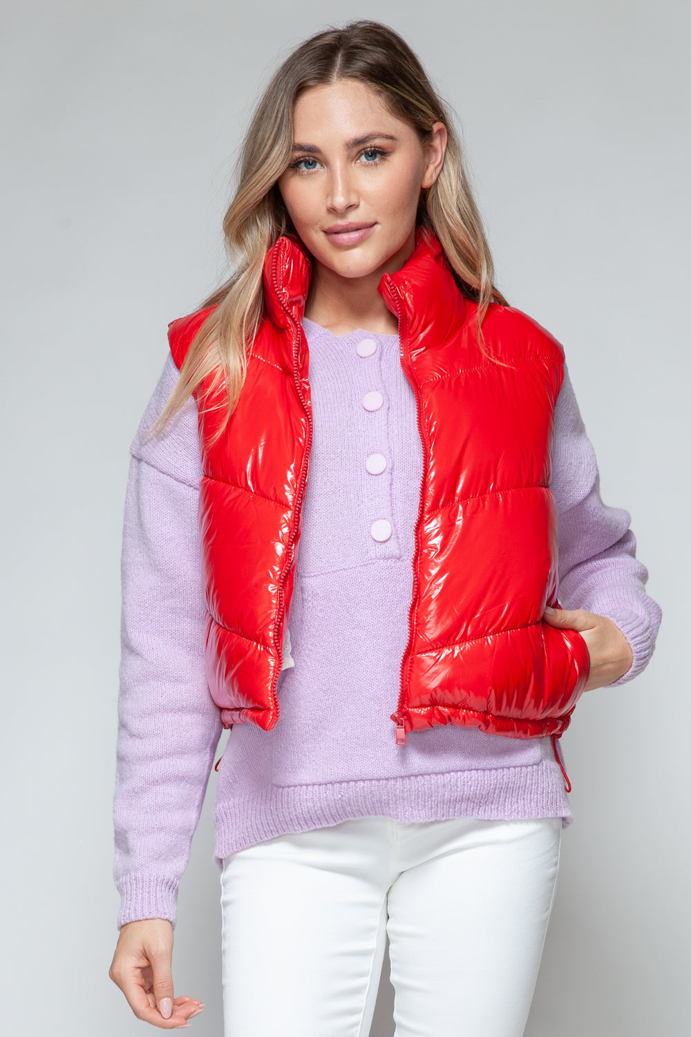 Snobbish Zip Up Turtleneck Shiny Quilted Vest 