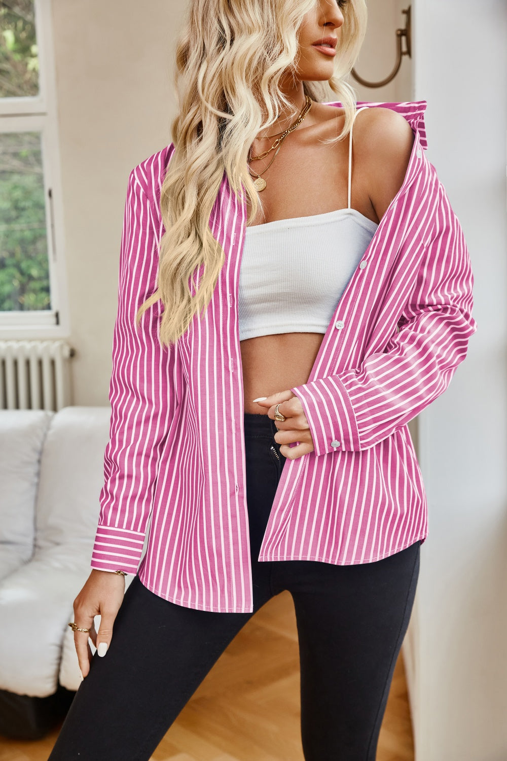 Lovelet Striped Button Up Long Sleeve Shirt 