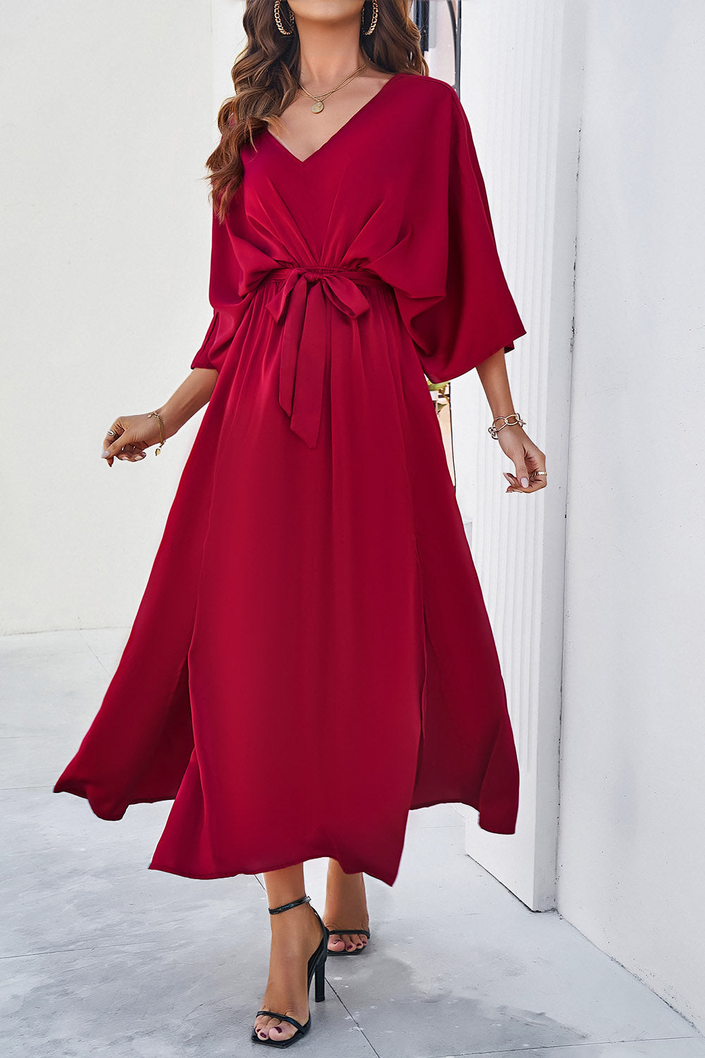 Devine Slit Tied V-Neck Three-Quarter Sleeve Dress 