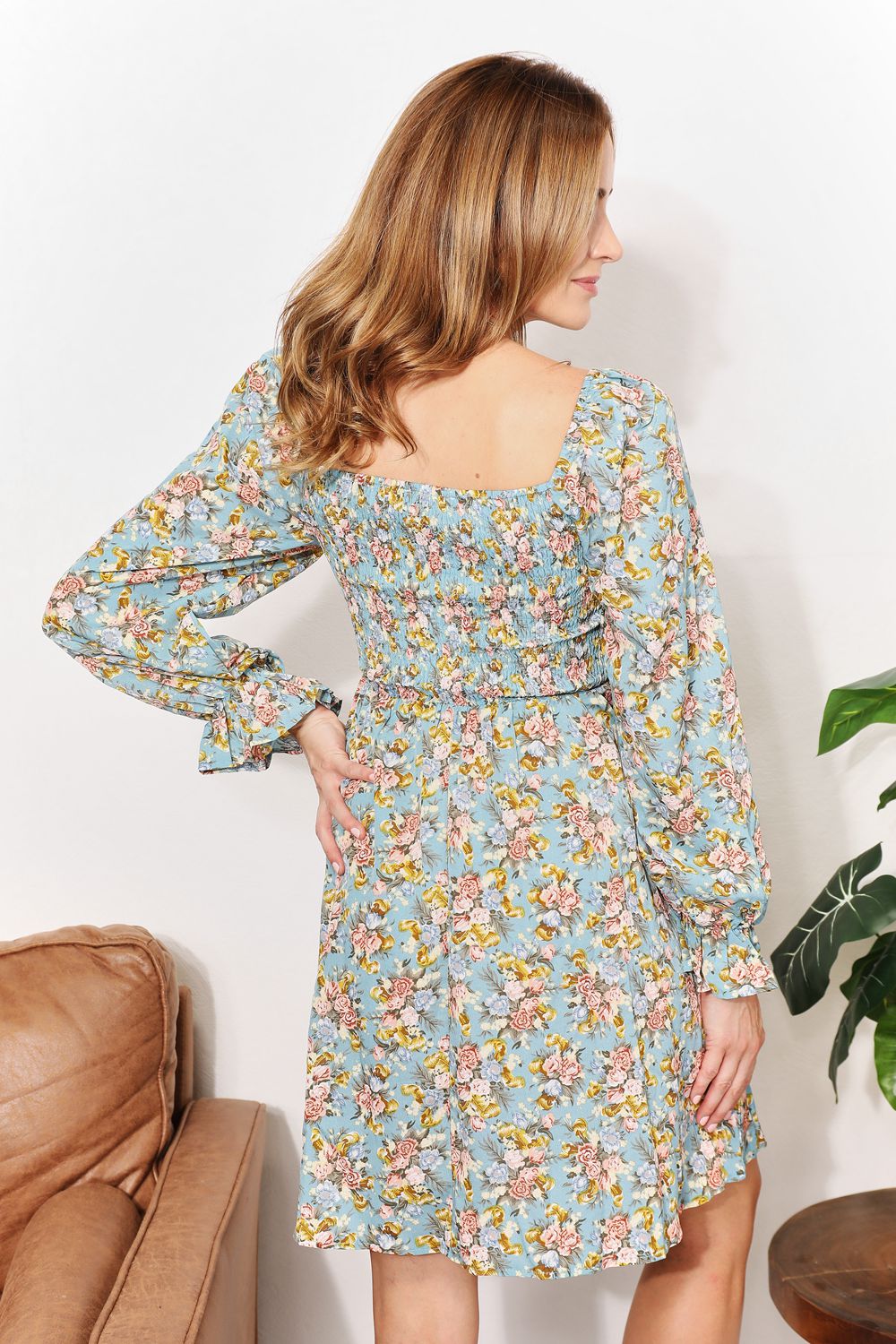 Honey Floral Smocked Flounce Sleeve Square Neck Dress 