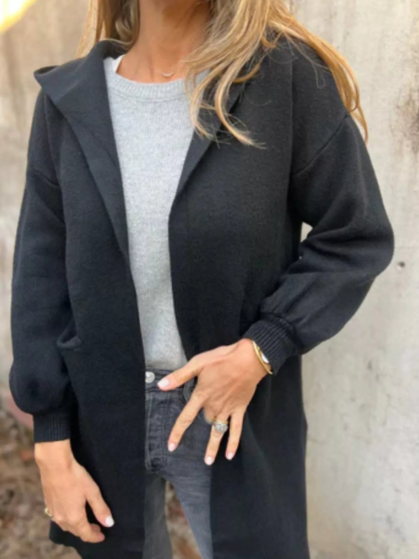 Full Size Open Front Drop Shoulder Hooded Cardigan Plus Size 