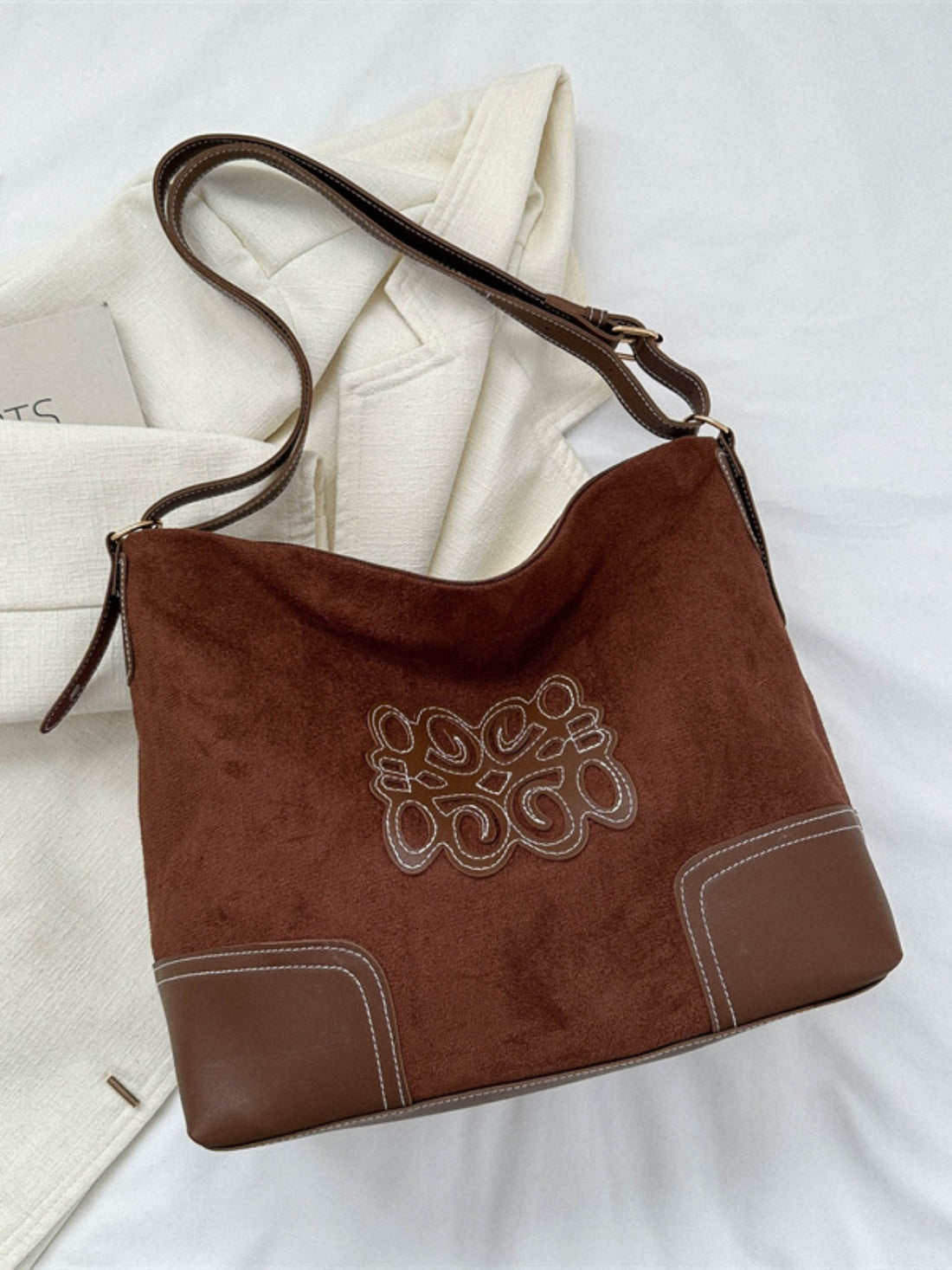 Suede Patch Adjustable Strap Tote Bag 