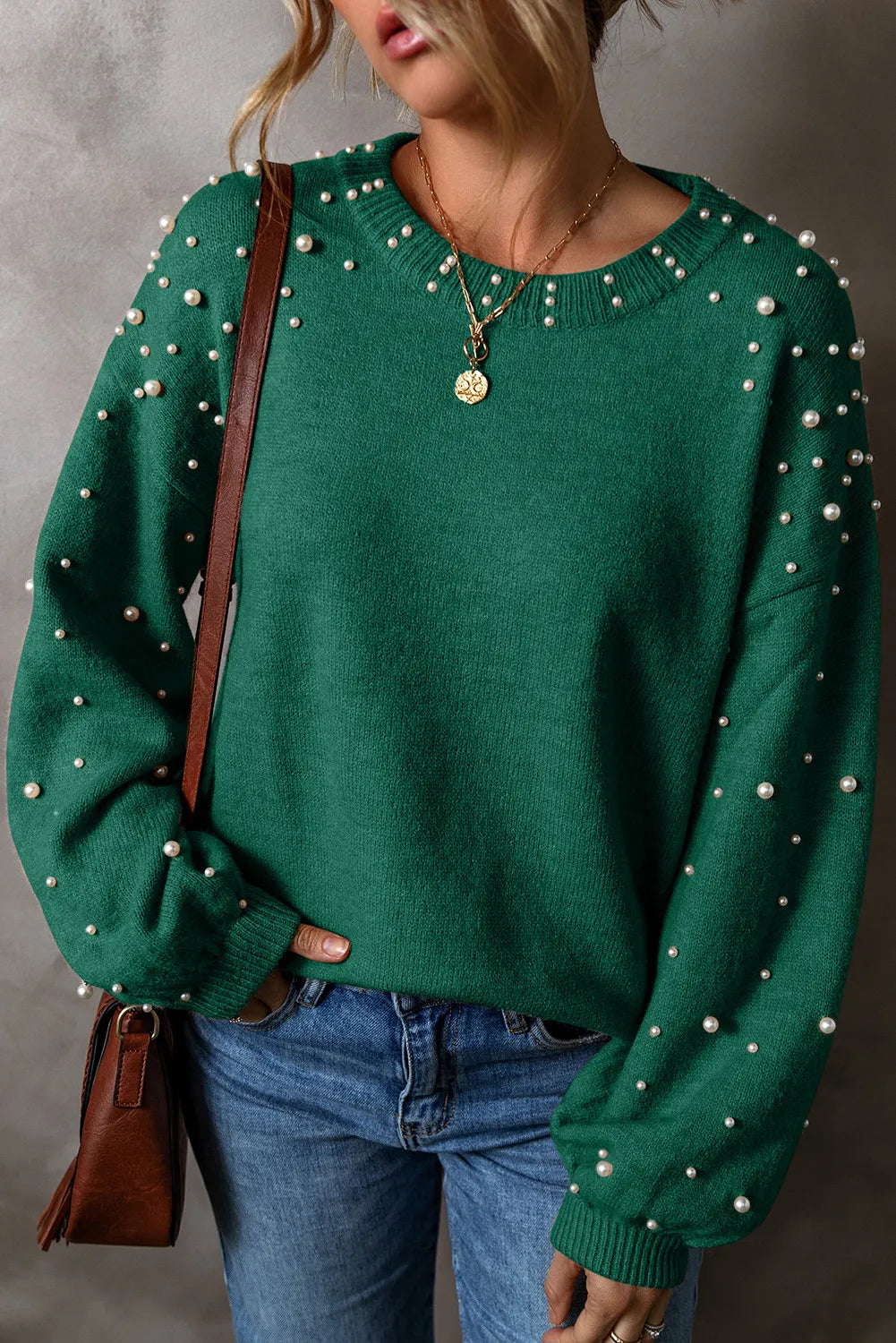 Pearl Detail Round Neck Long Sleeve Sweater 