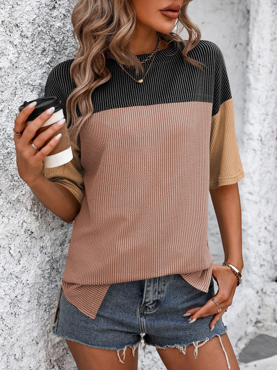 Mandy Color Block Round Neck Half Sleeve T-Shirt 