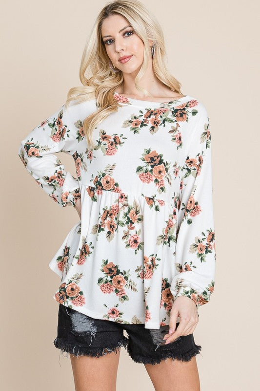 Super Lady Full Size Babydoll Floral Boat Neck Long Sleeve Blouse 