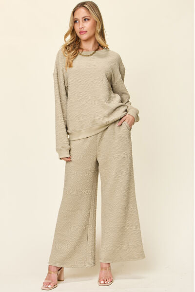 Double Take Full Size Texture Long Sleeve Top and Pants Set 