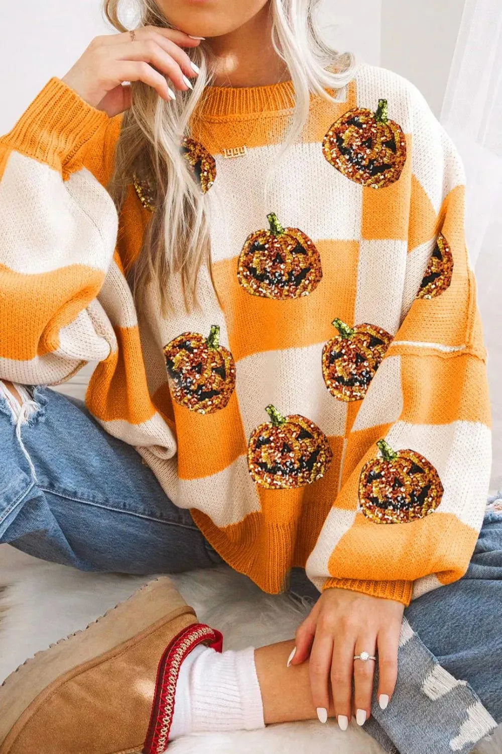 Pumpkin Checkered Round Neck Long Sleeve Sweater 