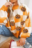 Pumpkin Checkered Round Neck Long Sleeve Sweater 