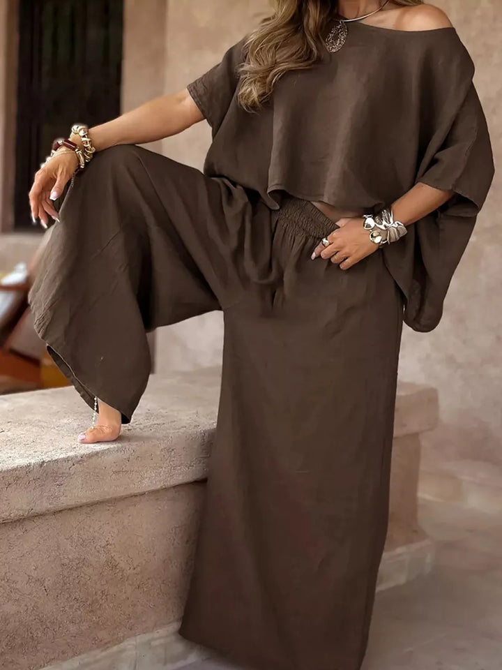 Full Size Boat Neck Top and Wide Leg Pants Set Plus Size Two Piece Dresses