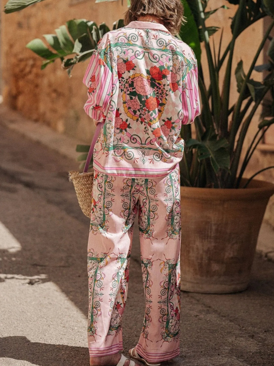Printed Button Up Shirt and Pants Set Two Piece Dresses