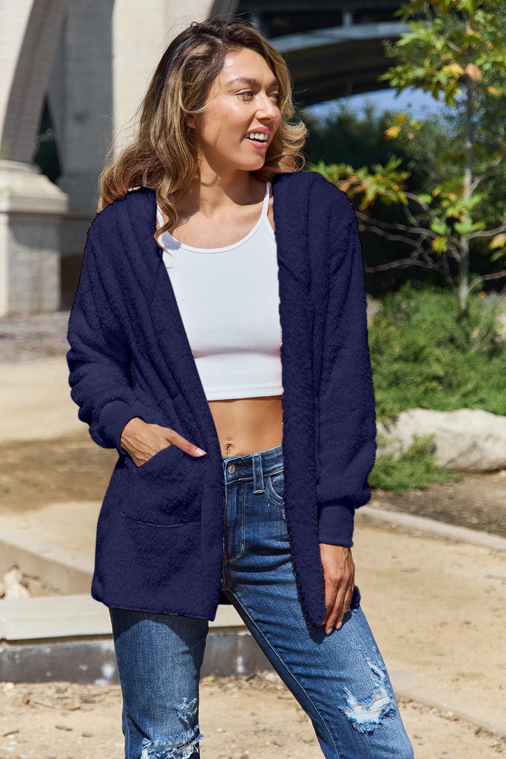 Full Size Teddy Hooded Jacket with Pockets 