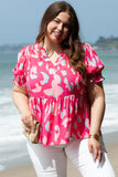Plus Size Ruffled Printed Notched Short Sleeve Blouse 