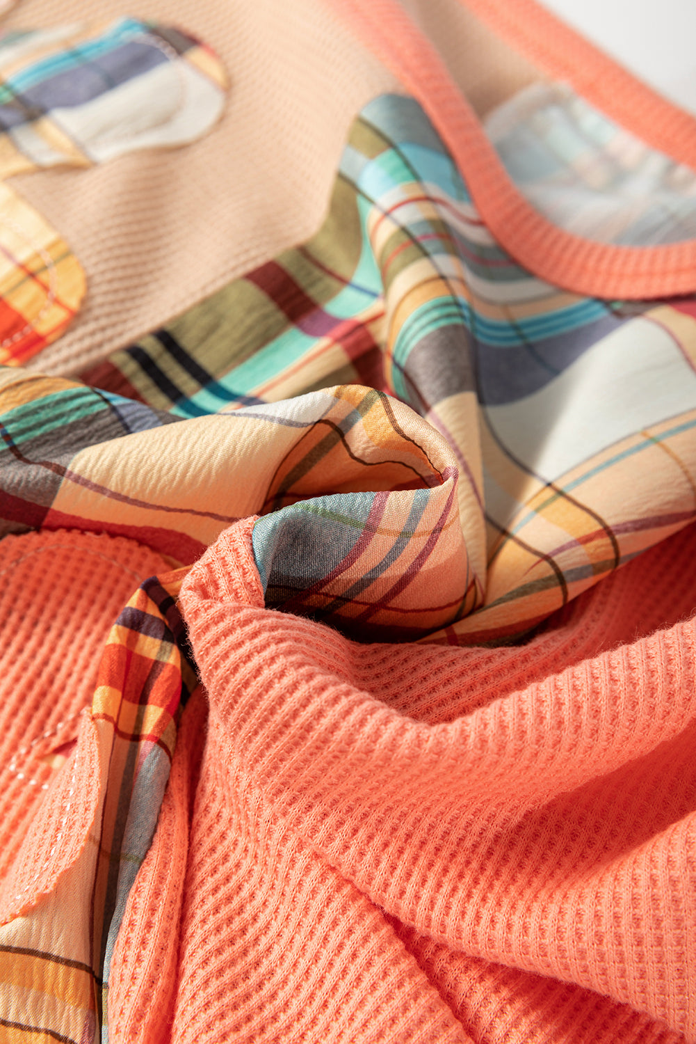 Multicolour Waffle Knit Plaid Patchwork Side Slits Loose Sweatshirt Tops/Sweatshirts & Hoodies