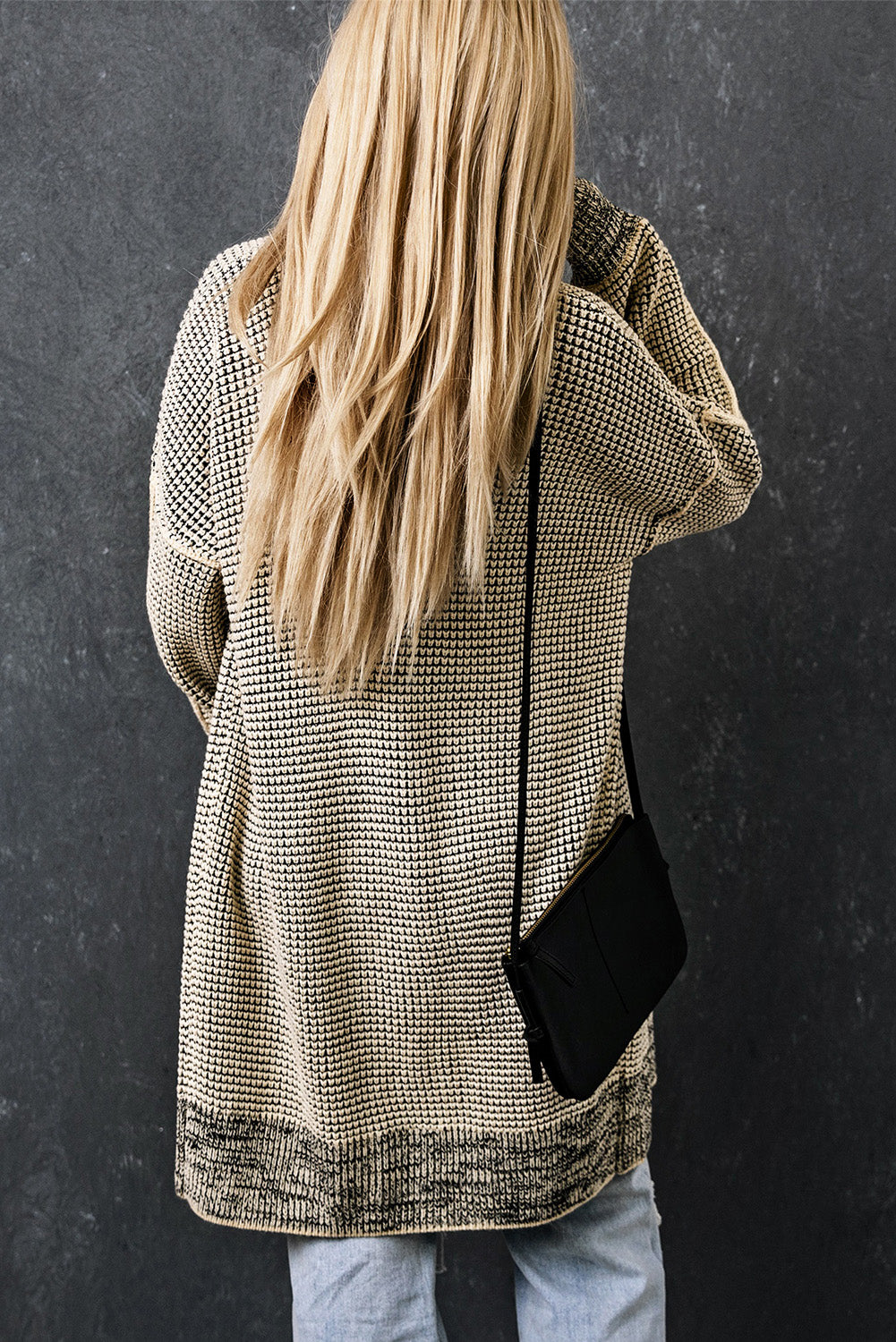 Gray Plaid Knitted Long Open Front Cardigan Sweaters & Cardigans/Cardigans