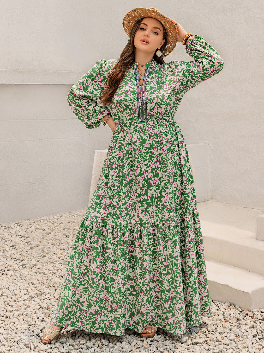 Plus Size Printed Notched Long Sleeve Maxi Dress 