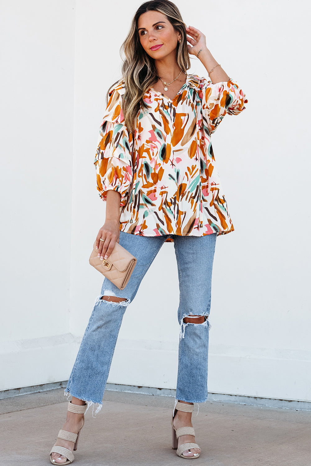 Yellow Abstract Print Drawstring Frilled V Neck 3/4 Sleeve Blouse Tops/Blouses & Shirts