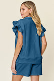 Double Take Full Size Texture Flounce Sleeve Top and Drawstring Shorts Set 