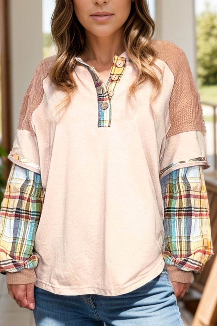 Plus Size Waffle-Knit Detail Plaid Round Neck Top 