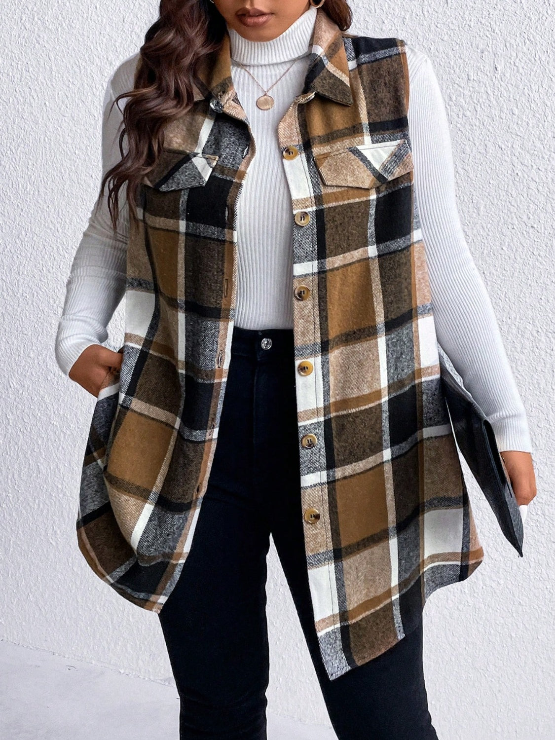 Honey Plus Size Pocketed Plaid Button Up Vest Coat 