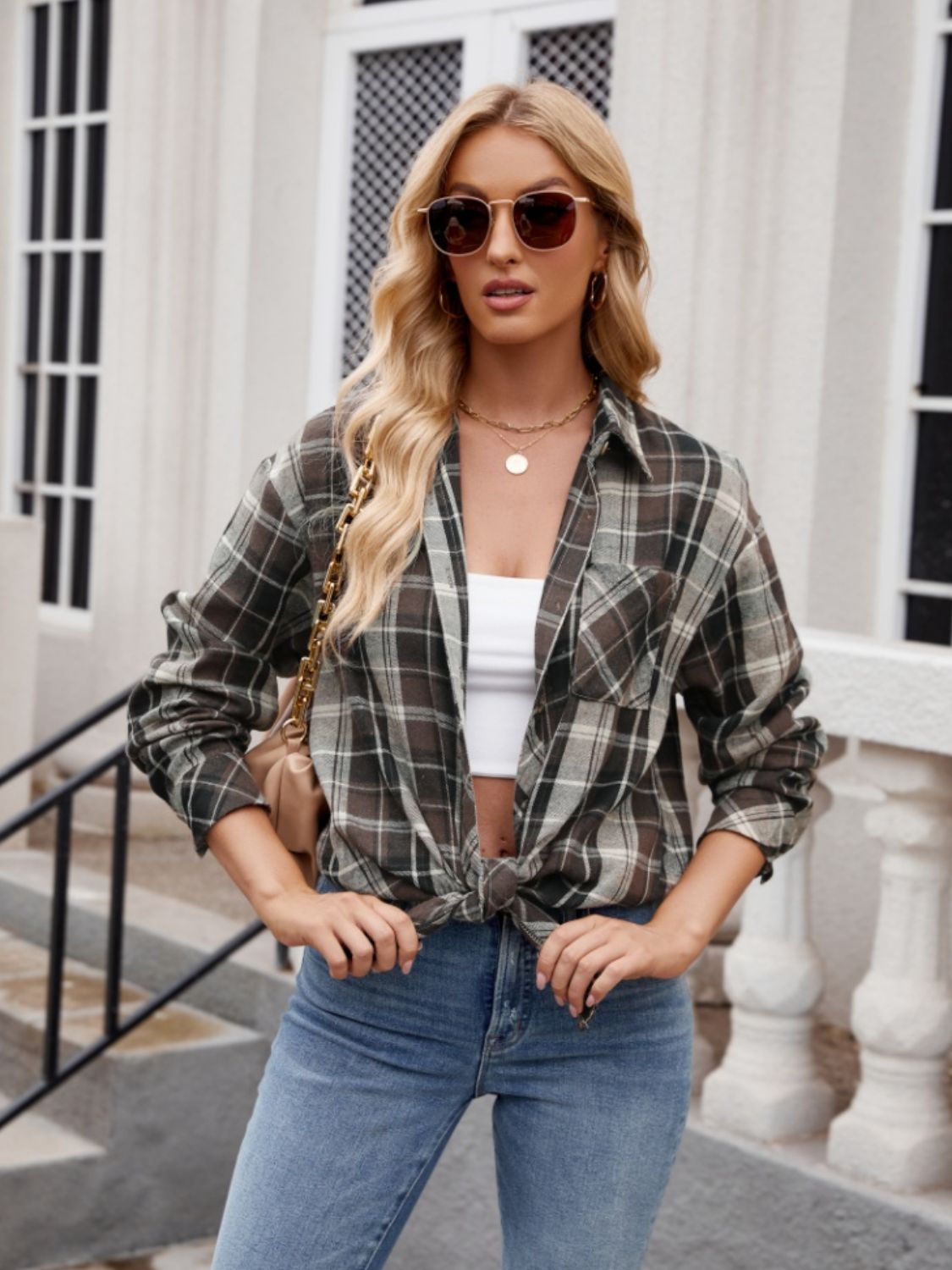 Mandy Pocketed Plaid Collared Neck Long Sleeve Shirt 