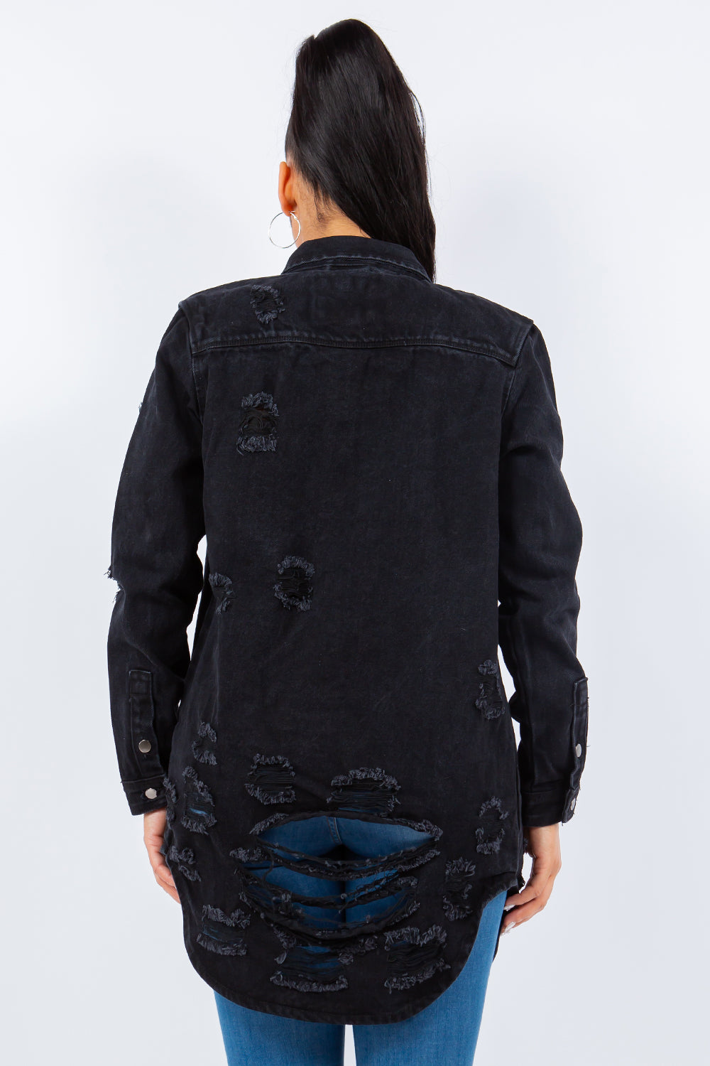 American Bazi Distressed Button Up Long Sleeve Denim Jacket 