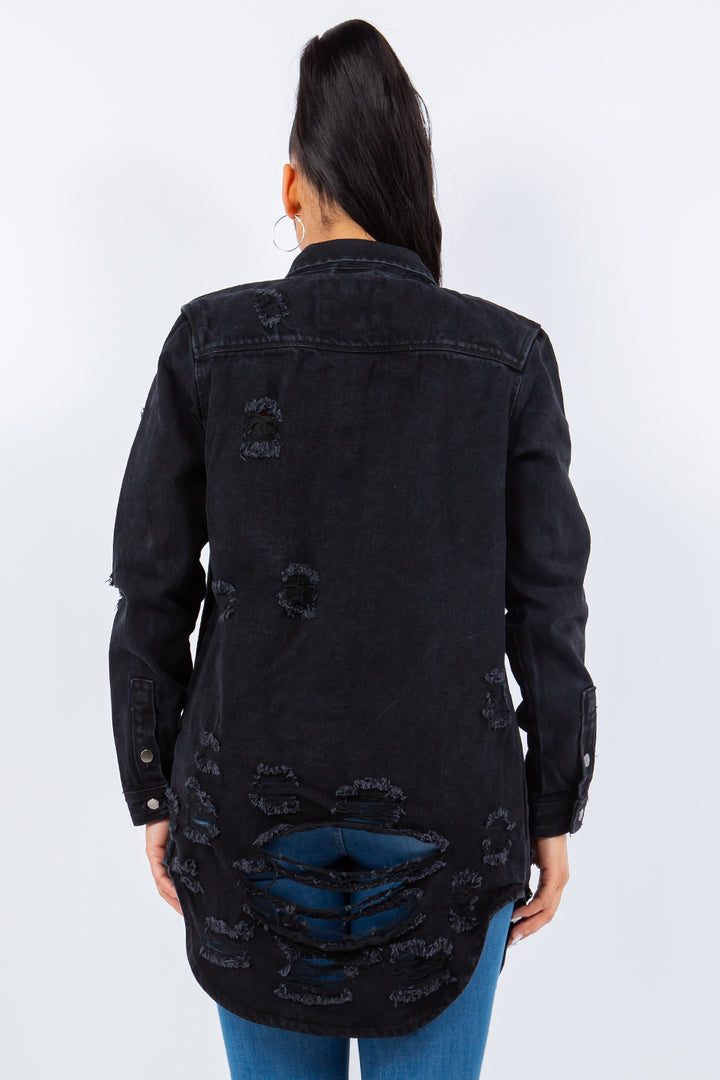 American Bazi Distressed Button Up Long Sleeve Denim Jacket 
