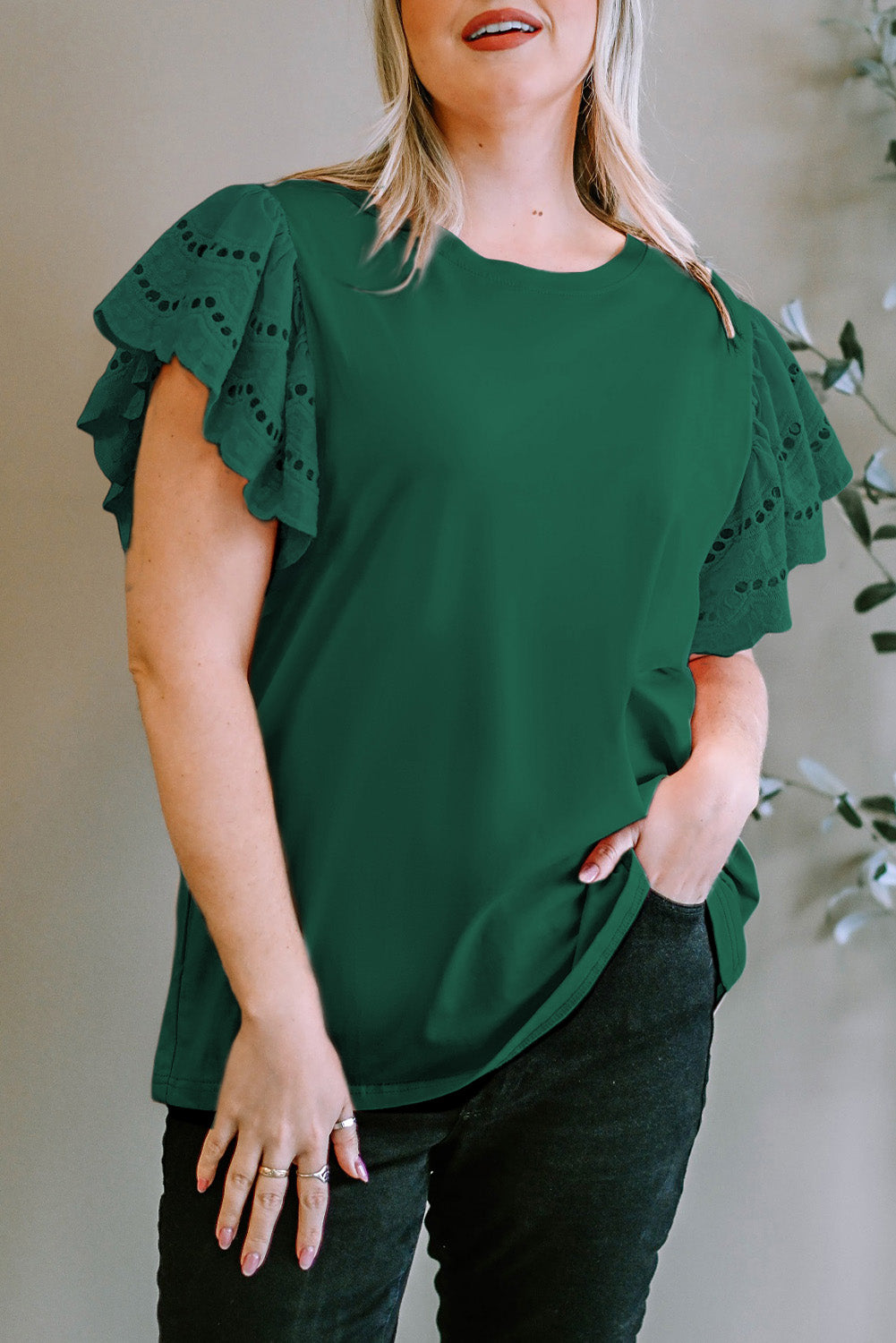 Plus Size Eyelet Round Neck Short Sleeve Blouse 