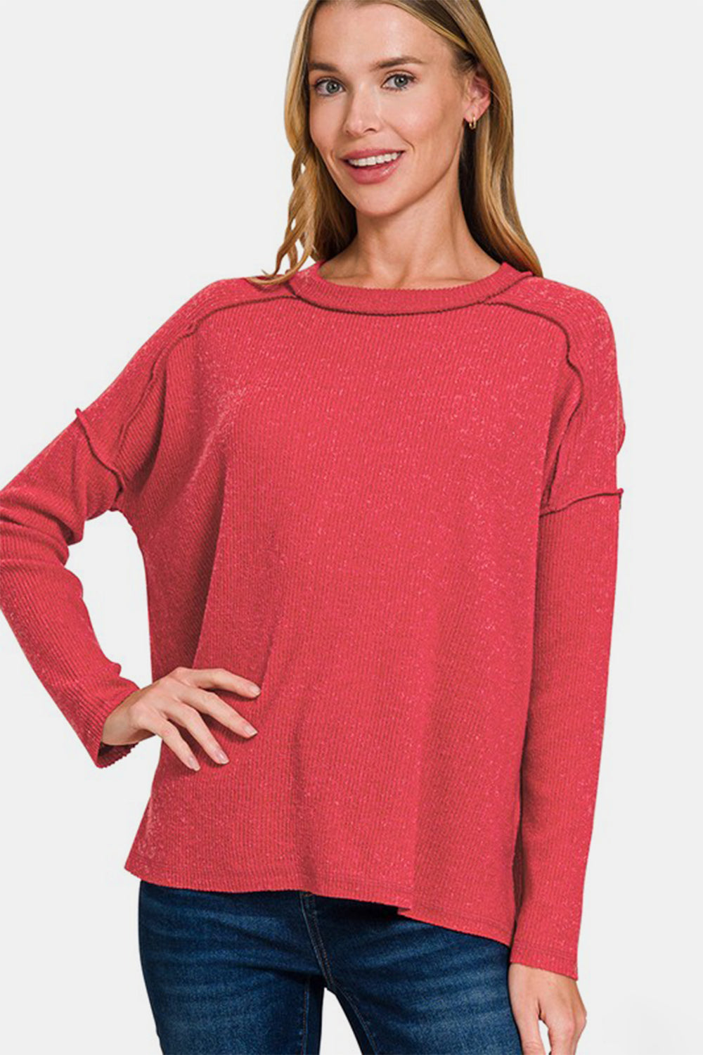 Zenana Full Size Exposed Seam Brushed Round Neck Sweater 