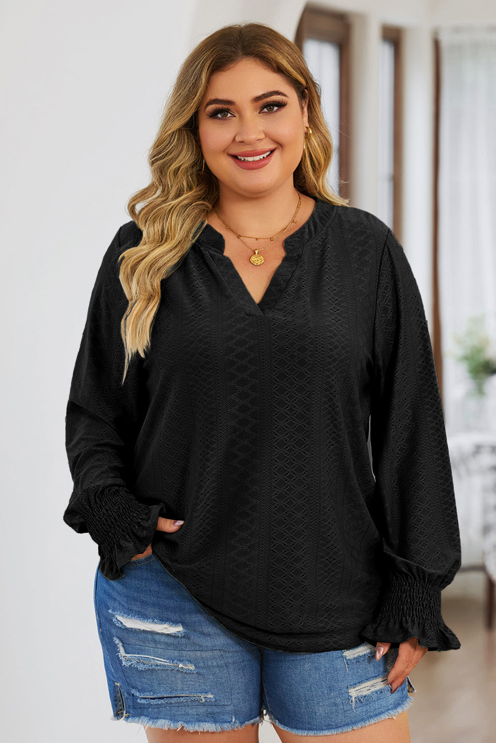 Plus Size Eyelet Notched Flounce Sleeve Blouse 