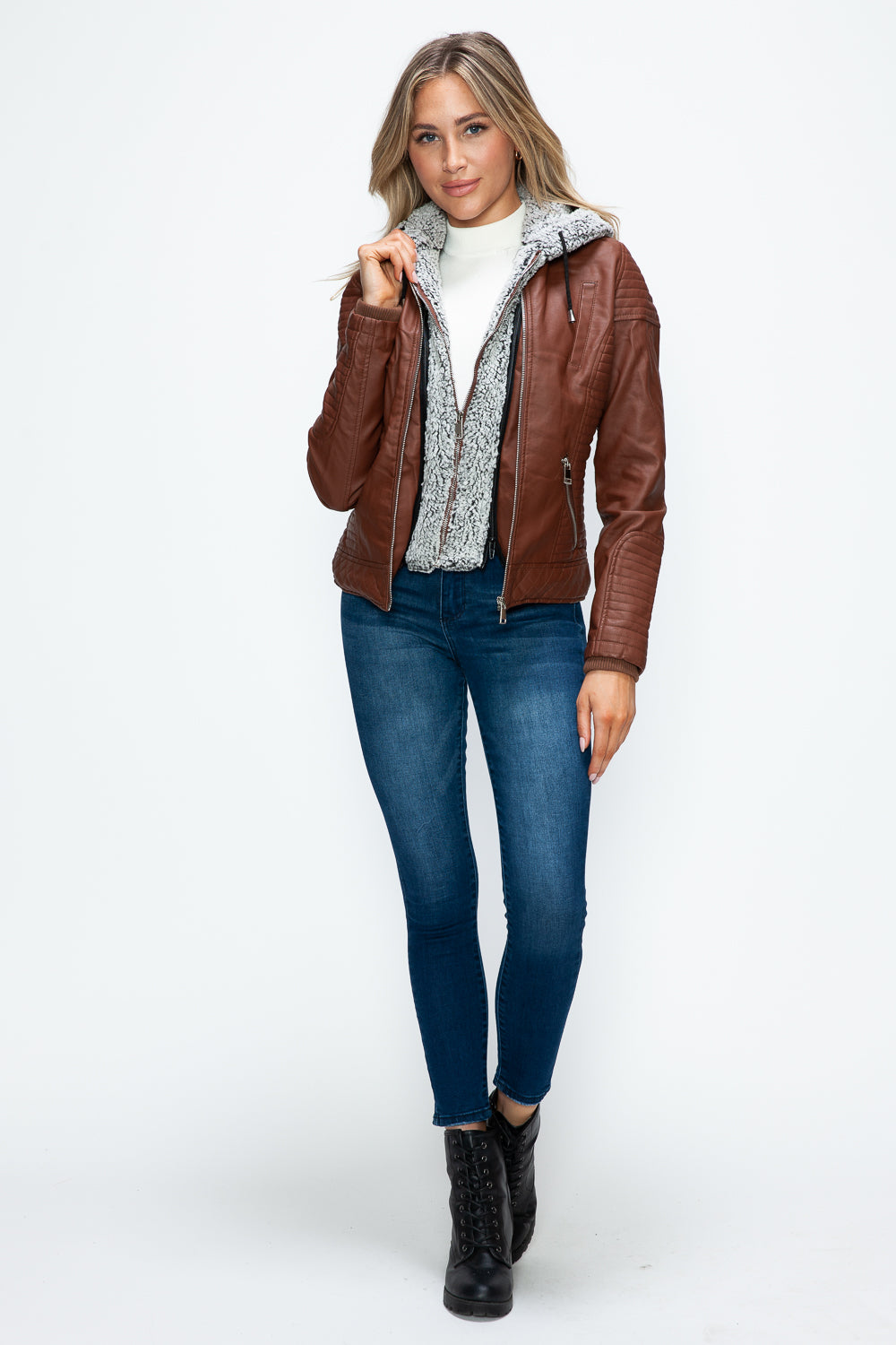 YMI Faux Layered Double-Zipper Jacket with Fuzzy Hood 