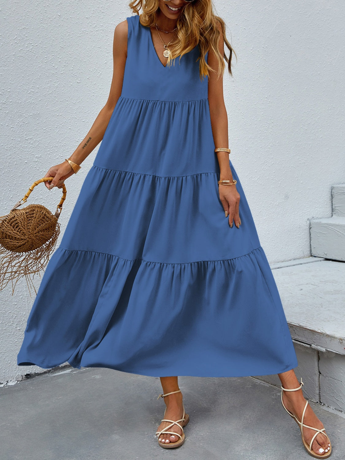 FAM-FAM Tiered V-Neck Sleeveless Dress 