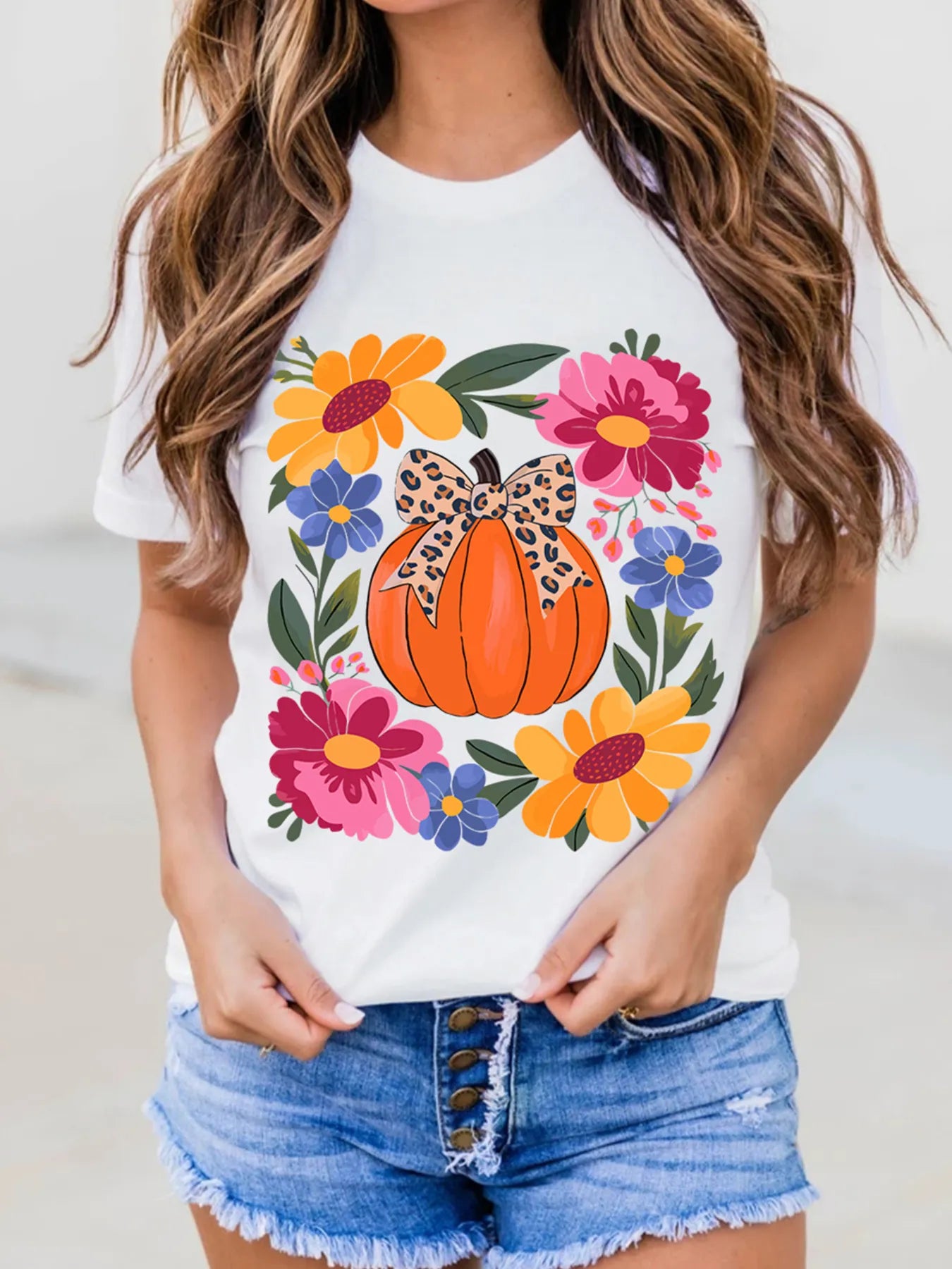 Pumpkin Floral Graphic Round Neck T-Shirt 