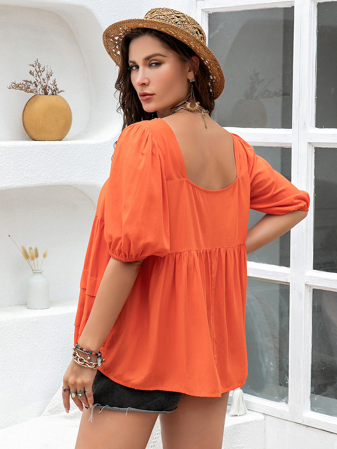 Plus Size Square Neck Half Sleeve Blouse 