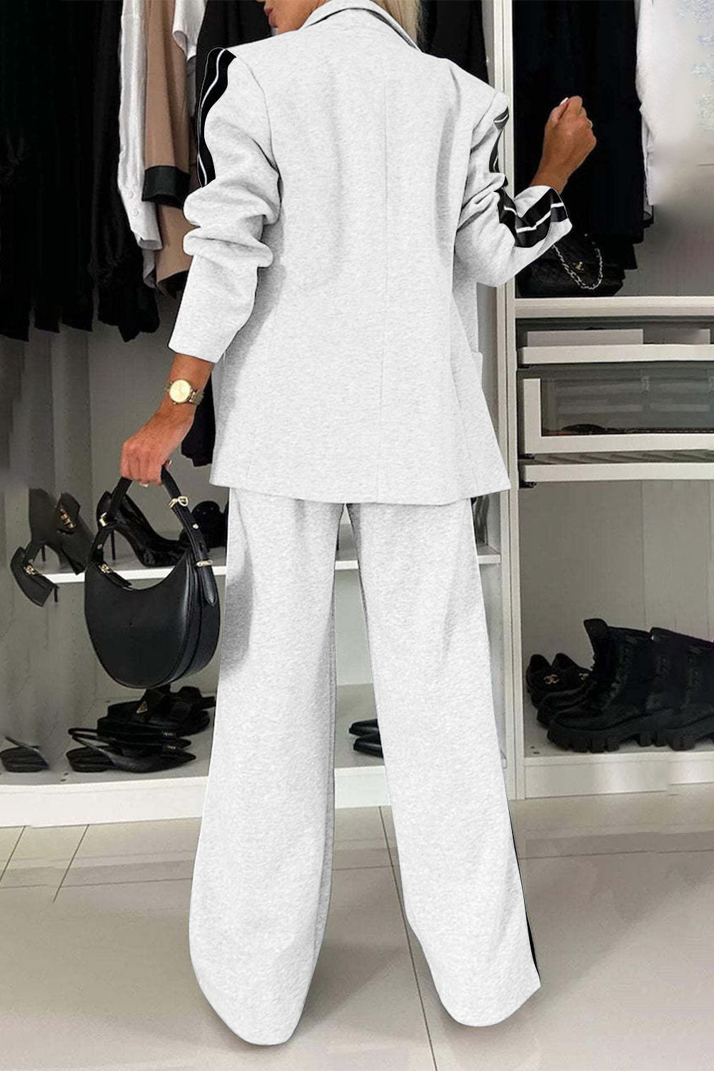 Full Size Contrast Lapel Collar Top and Pants Set 