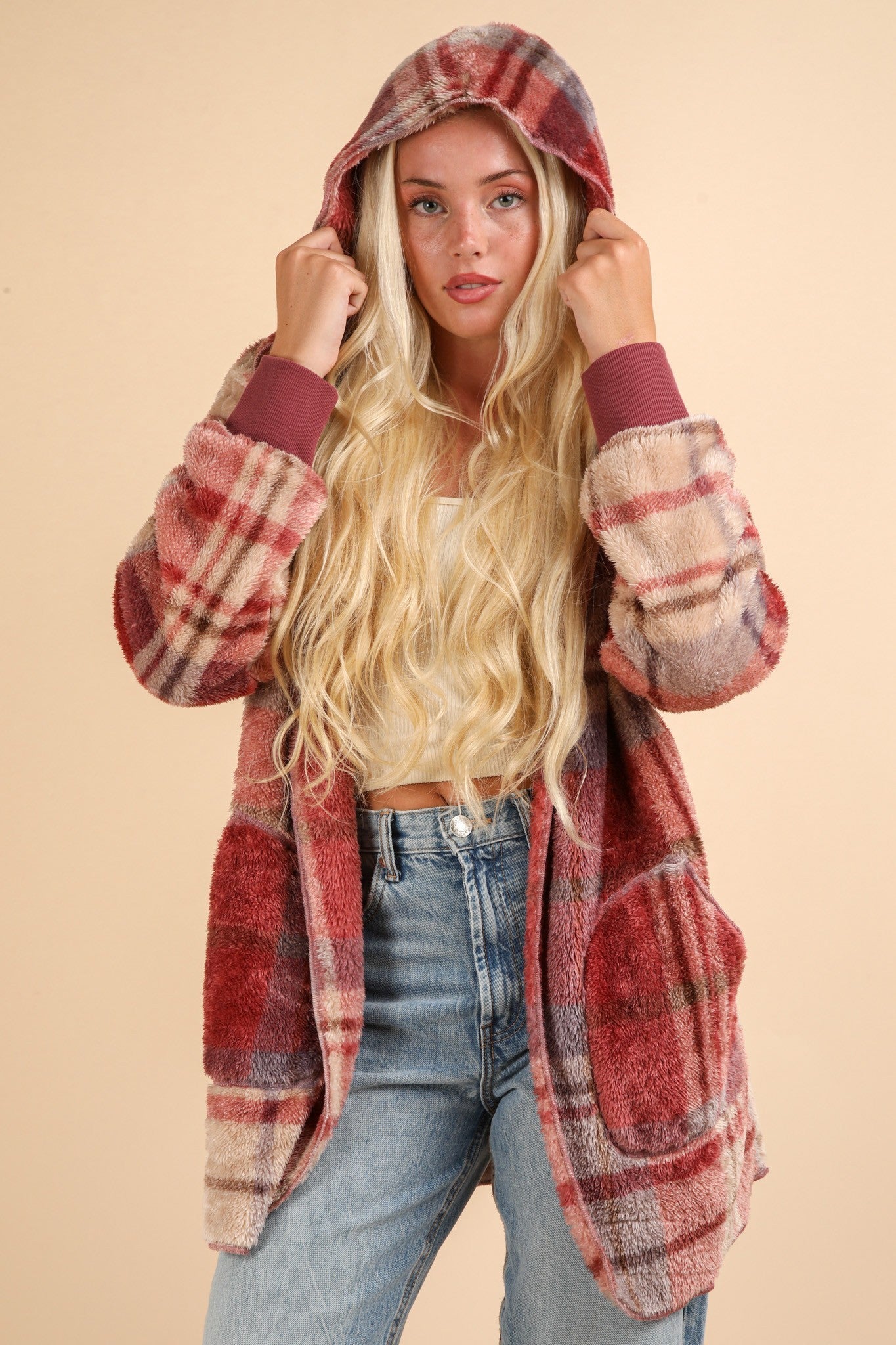 VERY J Fuzzy Plaid Long Sleeve Hooded Jacket 