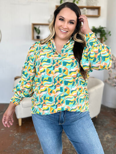 Double Take Full Size Printed Smocked Long Sleeve Blouse 