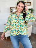 Double Take Full Size Printed Smocked Long Sleeve Blouse 