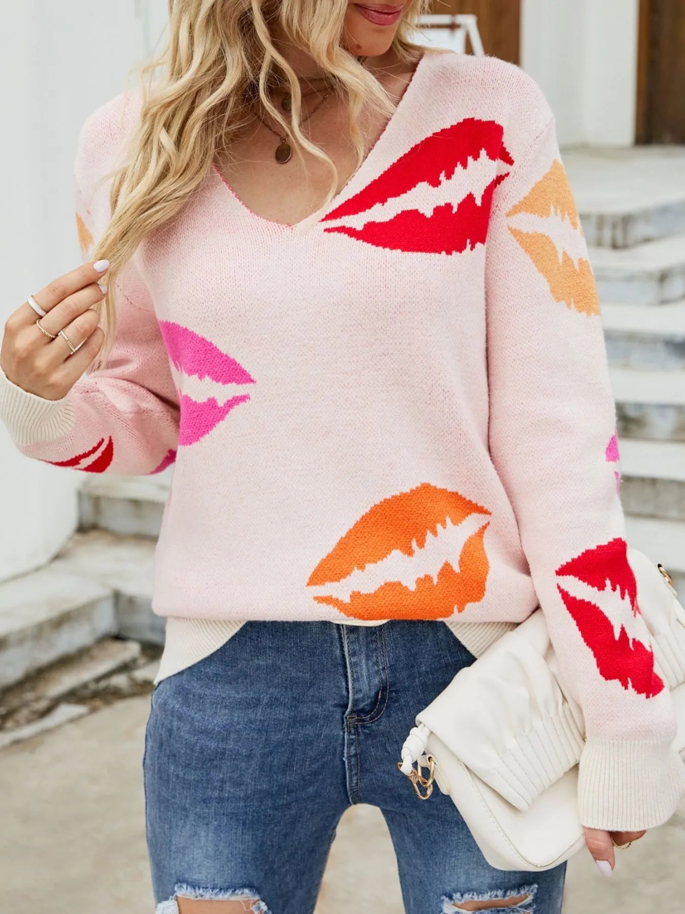 Colorful Lips V-Neck Sweater 
