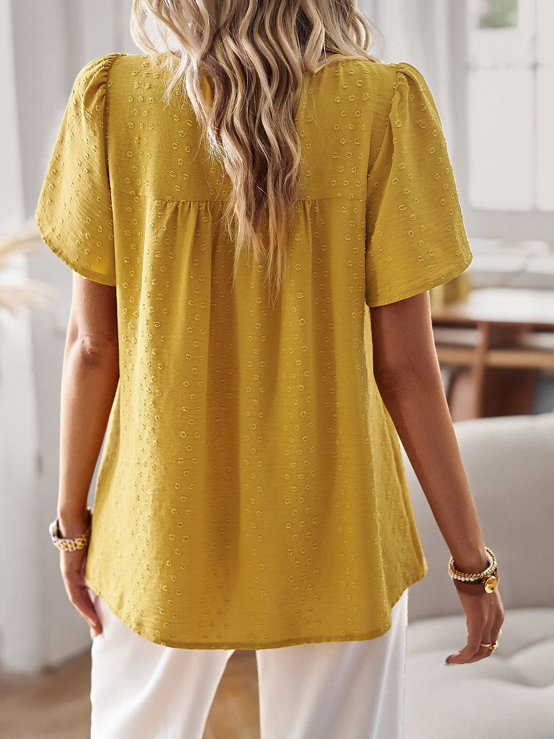 Devine Lace Detail Round Neck Short Sleeve Blouse 