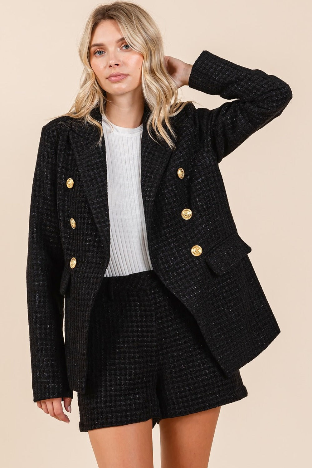 Mittoshop Plaid Texture Double-Breasted Long Sleeve Blazer 