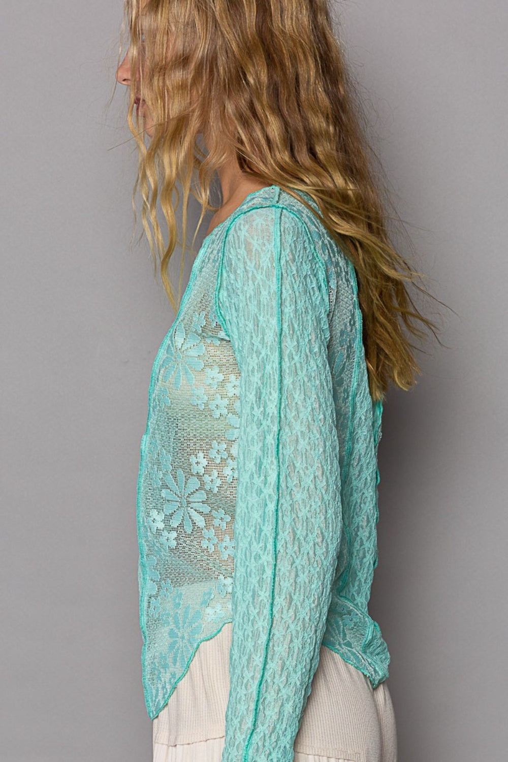 POL Exposed Seam Long Sleeve Lace Knit Top 