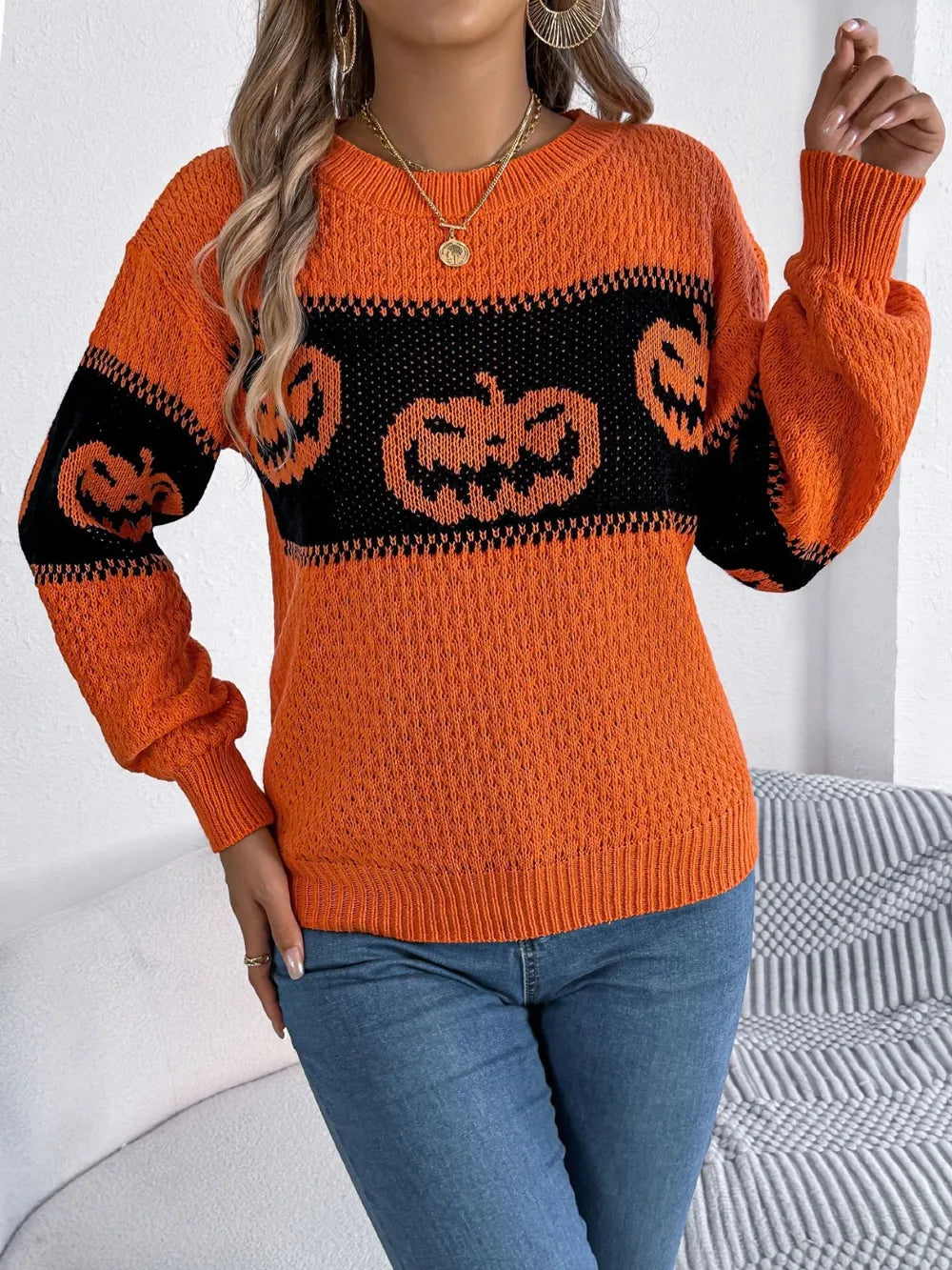 Pumpkin Round Neck Long Sleeve Sweater 