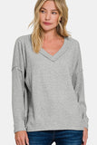 Zenana Full Size Ribbed V-Neck Drop Shoulder Top 
